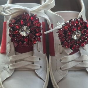 White and Red Embellished Women's Sneakers